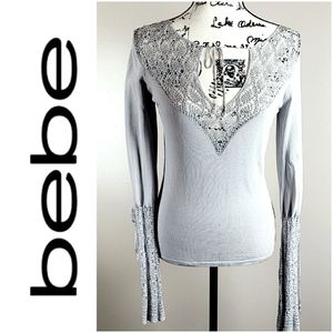 bebe Vintage Y2K Macrame Bell Sleeve Top in Frost